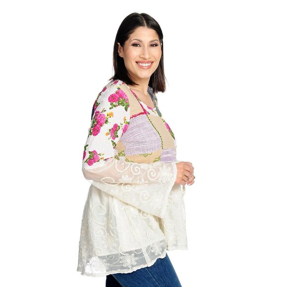 NWOT - Indigo Thread Patchwork Woven & Embroidered Mesh Bell Sleeve Babydoll M - Picture 3 of 3